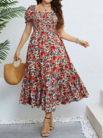 [Übergröße] 40er Kleid mit Blumen-Print und Rüschen