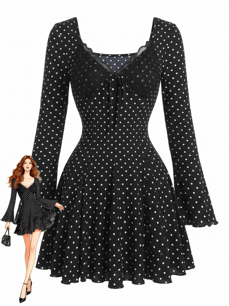 Schwarzes 60er Rippkleid mit Spitzen-V-Ausschnitt und Glockenärmeln