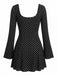 Schwarzes 60er Rippkleid mit Spitzen-V-Ausschnitt und Glockenärmeln
