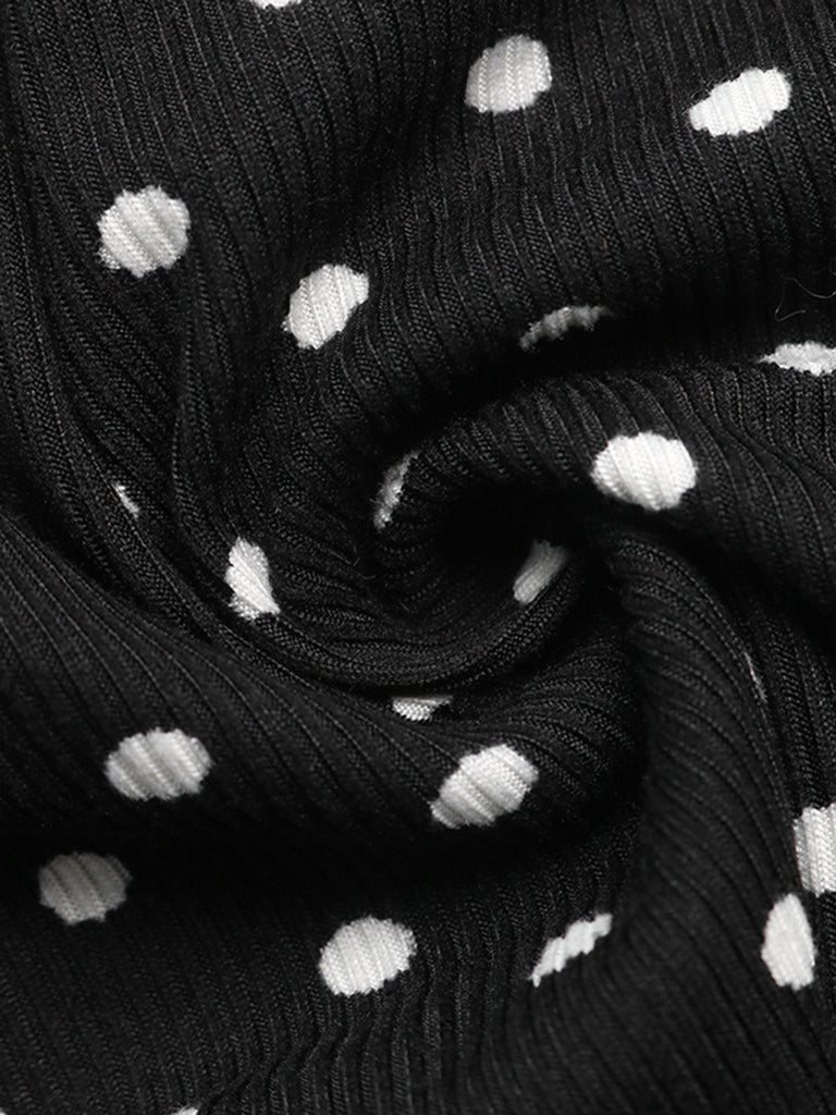 Schwarzes 60er Rippkleid mit Spitzen-V-Ausschnitt und Glockenärmeln