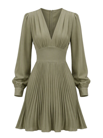 Grünes 50er Kleid mit V-Ausschnitt und Ballonärmel