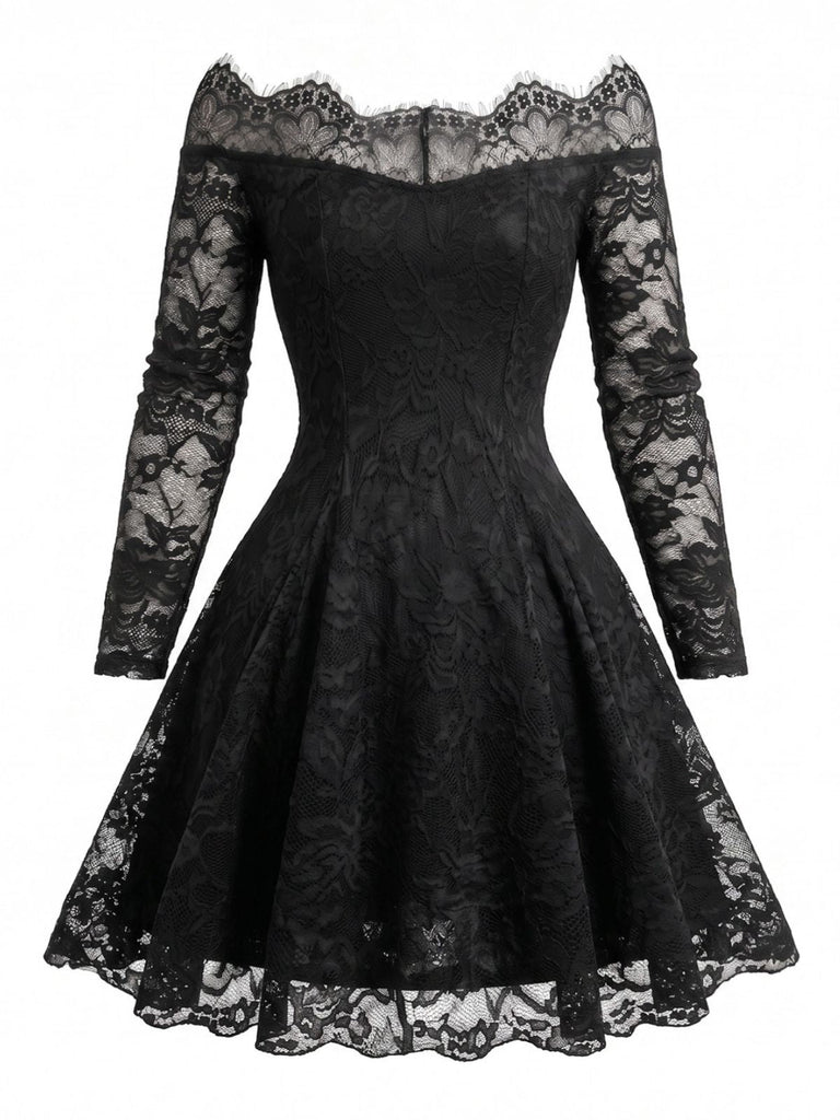 Schwarzes 50er Carmenkleid mit floraler Spitze