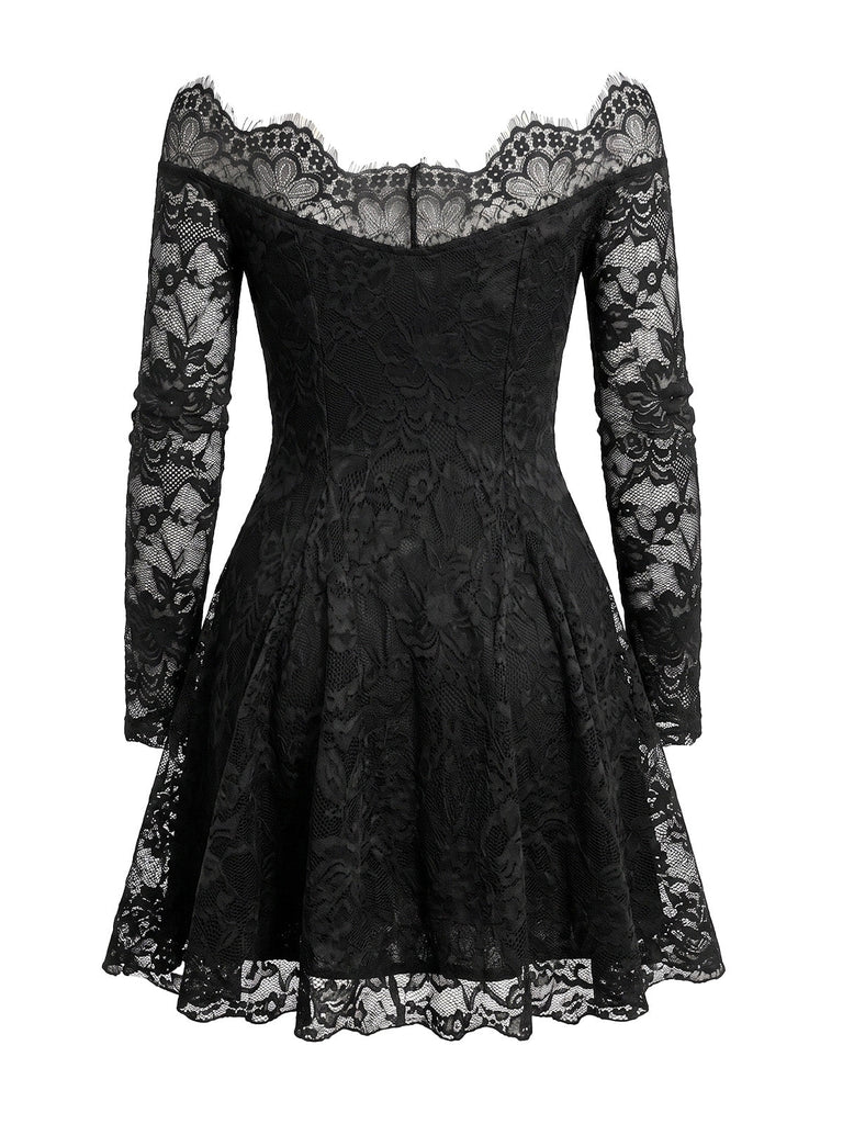 Schwarzes 50er Carmenkleid mit floraler Spitze