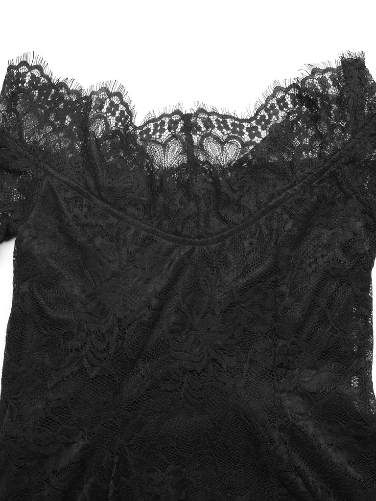 Schwarzes 50er Carmenkleid mit floraler Spitze