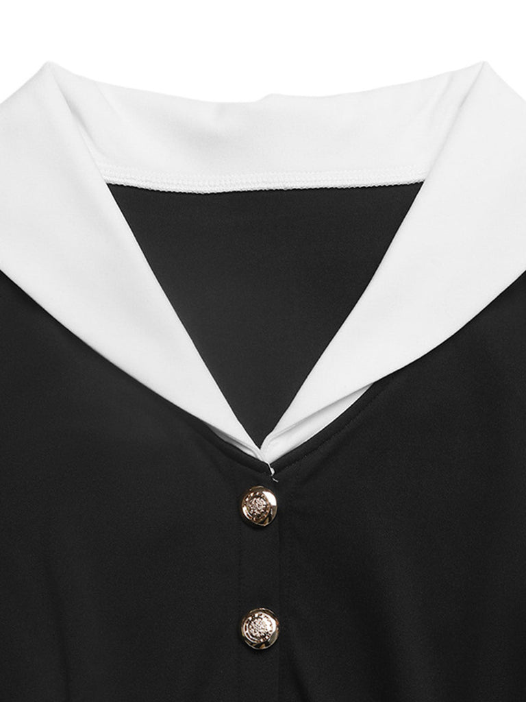 Schwarzes & Weißes 50er Kleid mit Revers und V-Ausschnitt