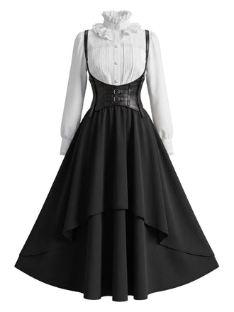 50er viktorianisches Gothic-Kostümset mit Bluse, Korsett und Rock