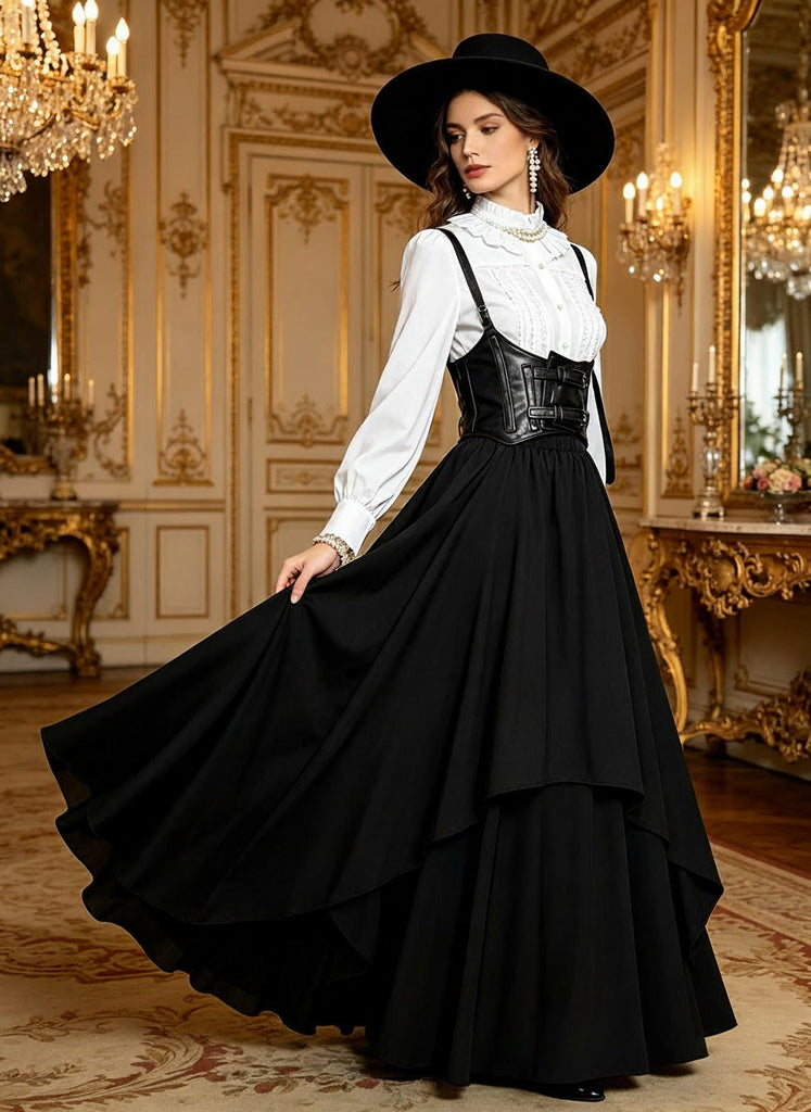 50er viktorianisches Gothic-Kostümset mit Bluse, Korsett und Rock