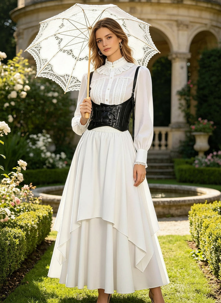 50er viktorianisches Gothic-Kostümset mit Bluse, Korsett und Rock