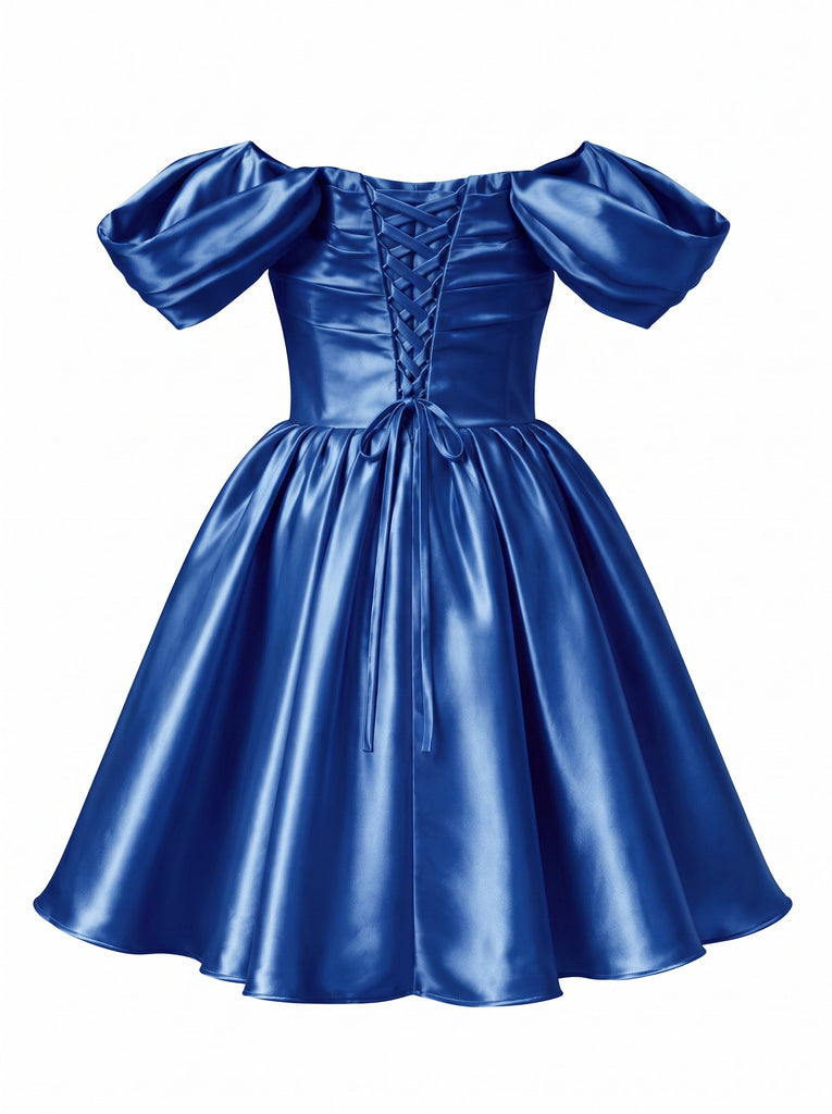 Blaues 50er Satin-Minikleid mit Puffärmel und Prinzessin
