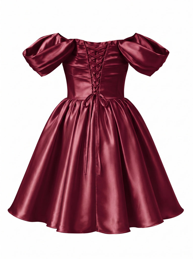 Blaues 50er Satin-Minikleid mit Puffärmel und Prinzessin