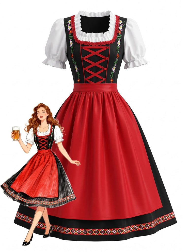 Rotes 50er Oktoberfest-Dirndl-Set mit Blumenstickerei und Schürze