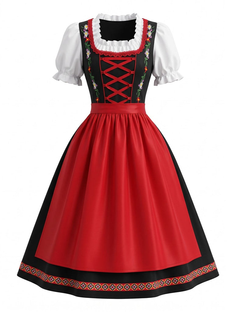 Rotes 50er Oktoberfest-Dirndl-Set mit Blumenstickerei und Schürze