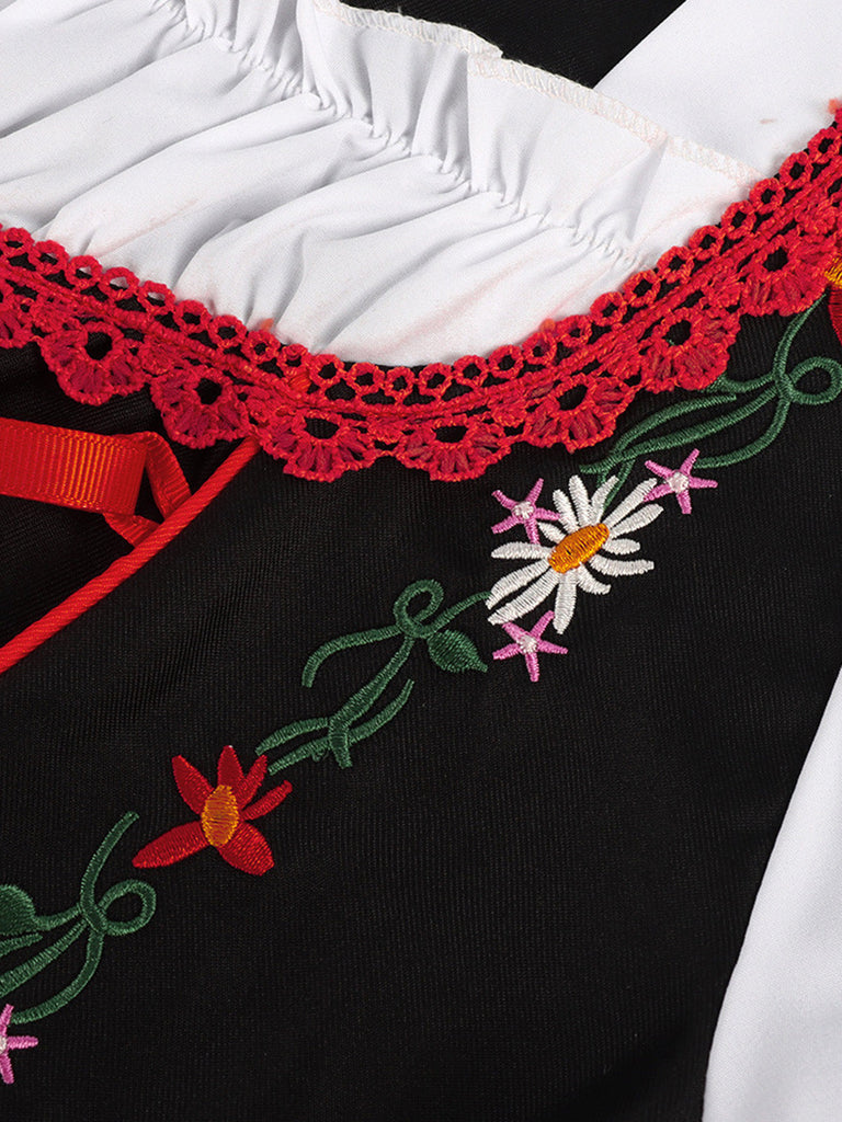 Rotes 50er Oktoberfest-Dirndl-Set mit Blumenstickerei und Schürze