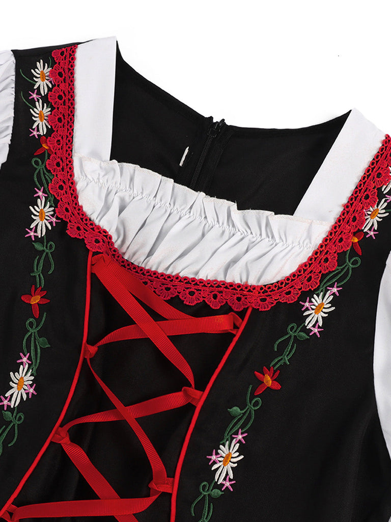 Rotes 50er Oktoberfest-Dirndl-Set mit Blumenstickerei und Schürze
