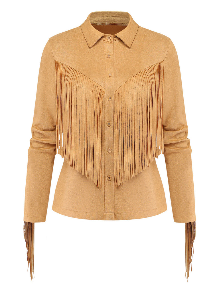 Khakifarbene 70er Wildleder-Westernjacke mit Fransen und Revers