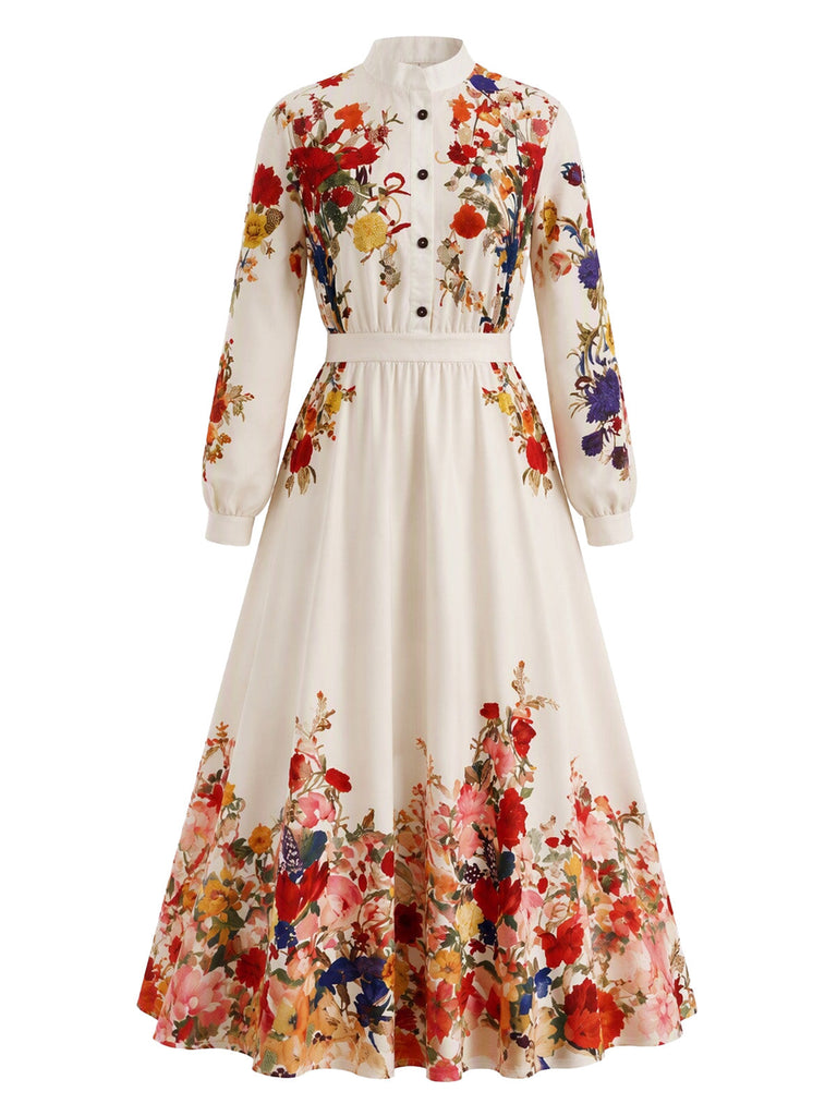 Beiges 70er Blumen-Maxikleid mit Stehkragen und Ballonärmeln