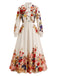 Beiges 70er Blumen-Maxikleid mit Stehkragen und Ballonärmeln