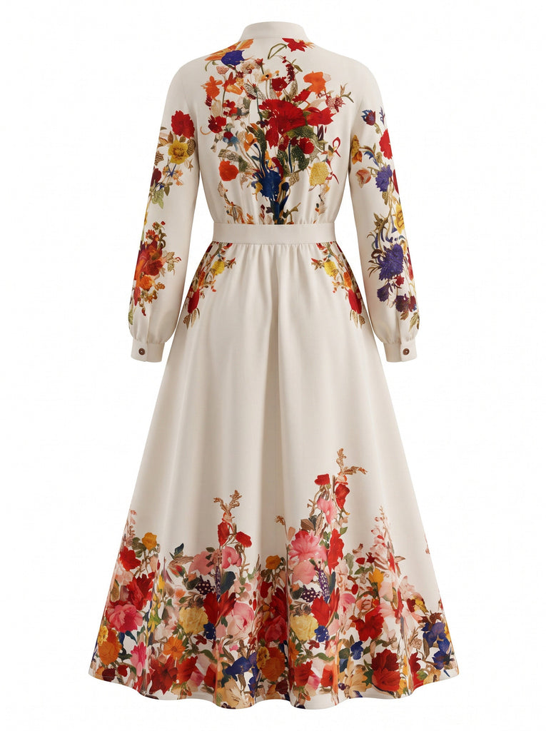 Beiges 70er Blumen-Maxikleid mit Stehkragen und Ballonärmeln