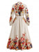 Beiges 70er Blumen-Maxikleid mit Stehkragen und Ballonärmeln