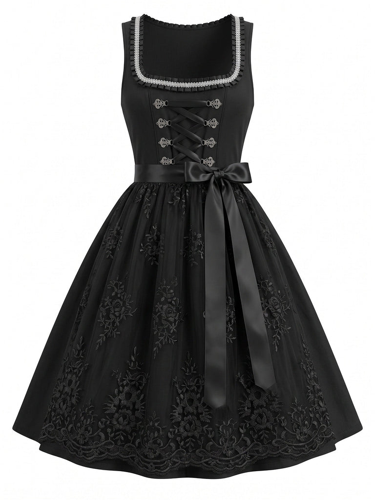 Schwarzes 50er Kleid mit Eckiger Ausschnitt und Blumen