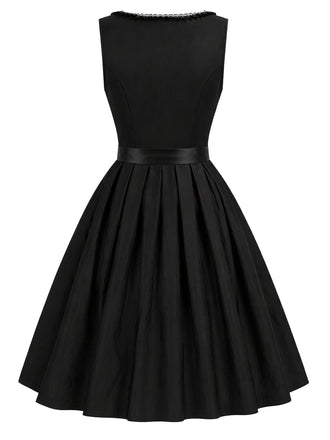 Schwarzes 50er Kleid mit Eckiger Ausschnitt und Blumen