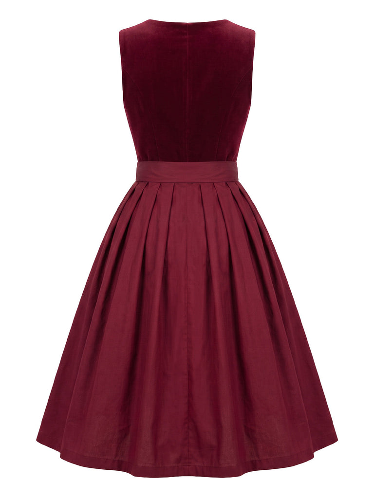 Burgunderrotes 50er Oktoberfest-Dirndl-Set mit Samtkleid und Schürze