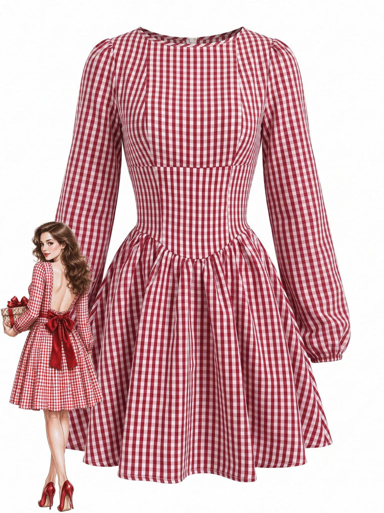 Rotes 60er Vichykarokleid mit Empire-Taille, offenem Rücken und Schleife
