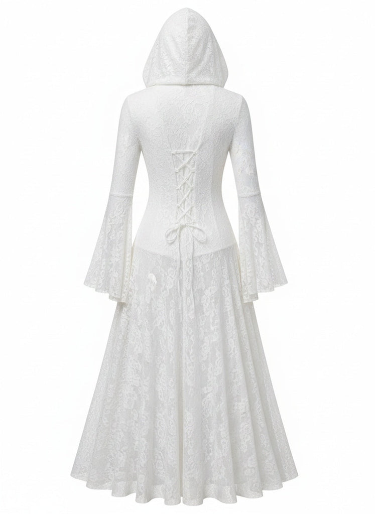 Schwarzes 80er Gothic Kapuzen-Maxikleid mit Spitze und Glockenärmeln