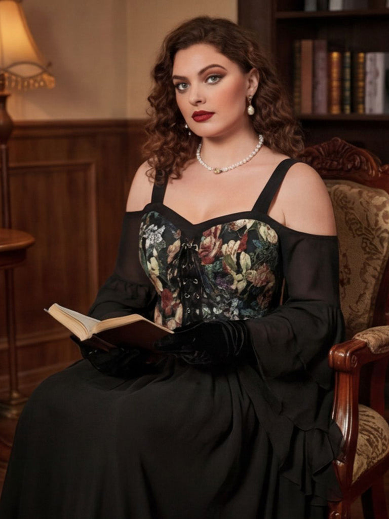 [Übergröße] 80er Cold-Shoulder Netzkleid mit Blumen und Glockenärmel