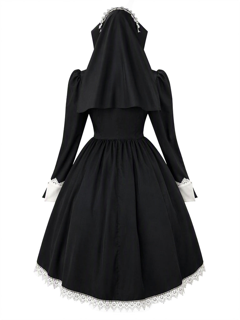 Schwarzes 80er Halloween Kleid mit Schleife und Spitze