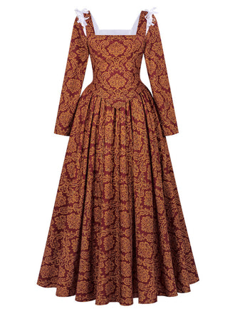 70er Renaissance-Königinnenkleid mit eckigem Ausschnitt und Schnürung