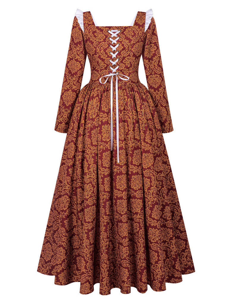 70er Renaissance-Königinnenkleid mit eckigem Ausschnitt und Schnürung