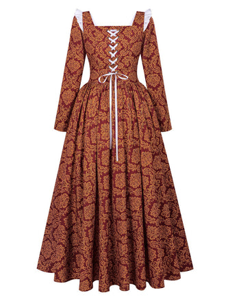 70er Renaissance-Königinnenkleid mit eckigem Ausschnitt und Schnürung