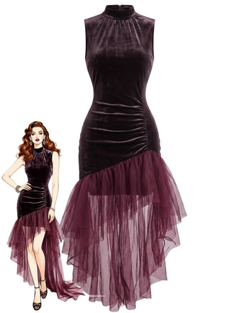30er Samt-Maxikleid mit asymmetrischem Tüll und Raffung