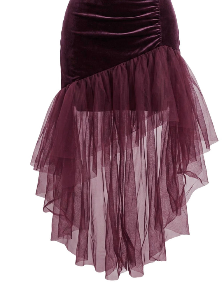 30er Samt-Maxikleid mit asymmetrischem Tüll und Raffung