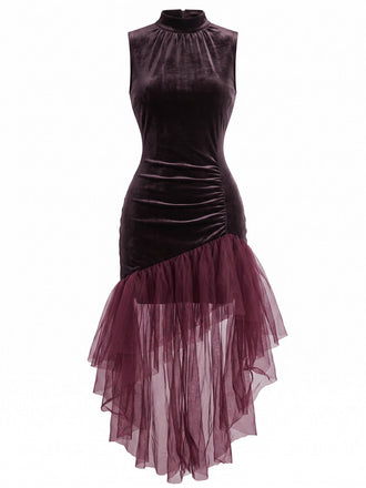30er Samt-Maxikleid mit asymmetrischem Tüll und Raffung