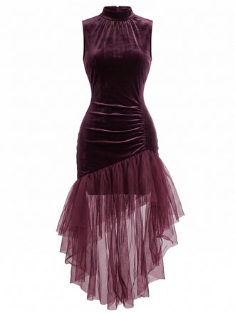 30er Samt-Maxikleid mit asymmetrischem Tüll und Raffung