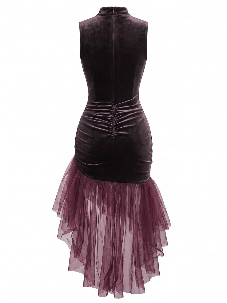 30er Samt-Maxikleid mit asymmetrischem Tüll und Raffung