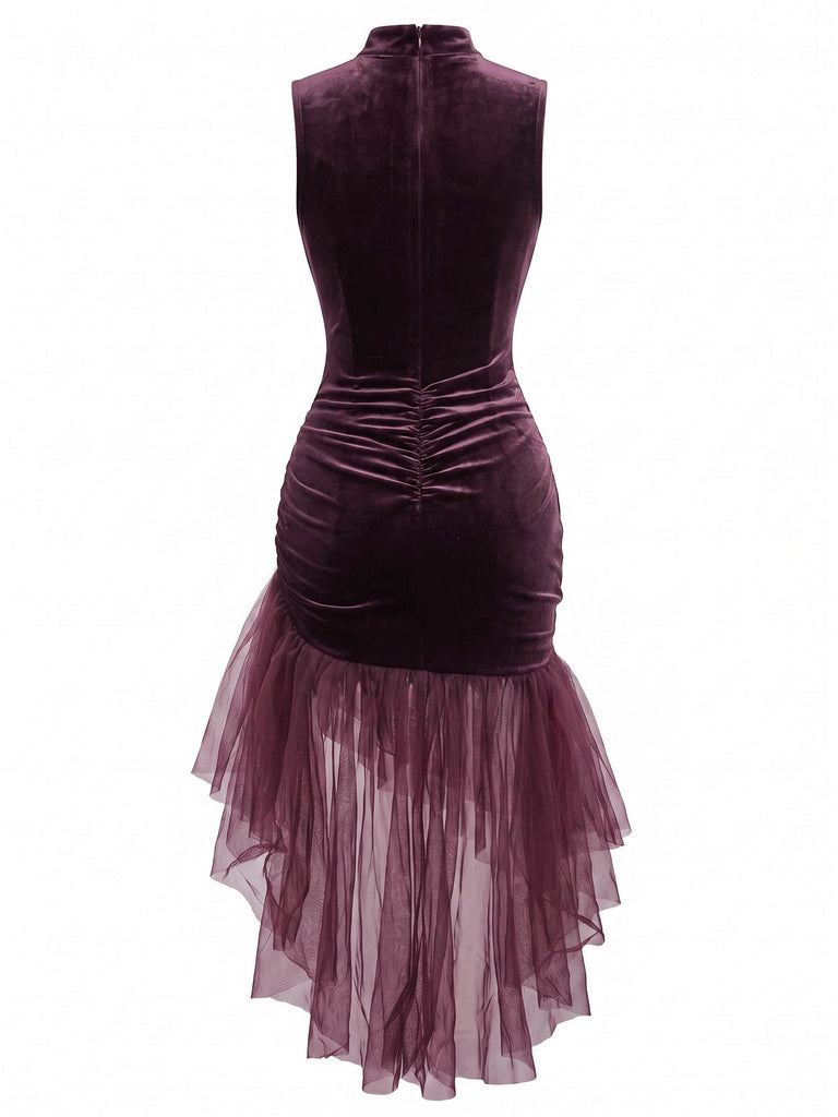 30er Samt-Maxikleid mit asymmetrischem Tüll und Raffung