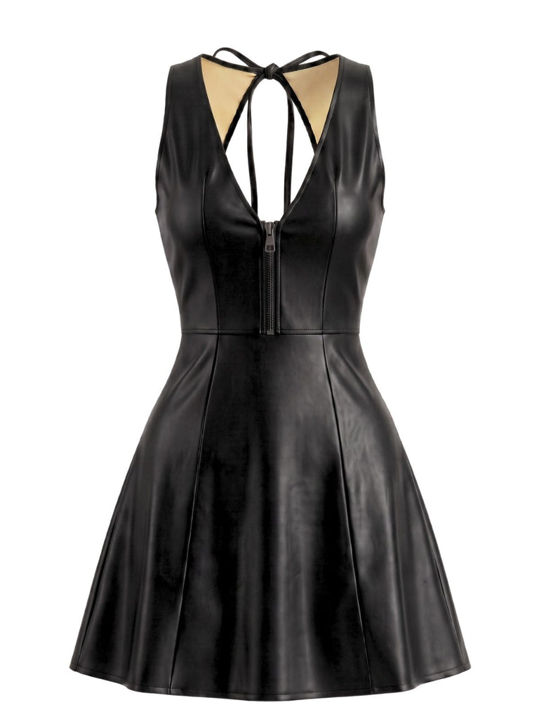 Schwarzes 60er Lederkleid mit V-Ausschnitt und Cut-out-Rücken