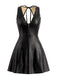 Schwarzes 60er Lederkleid mit V-Ausschnitt und Cut-out-Rücken