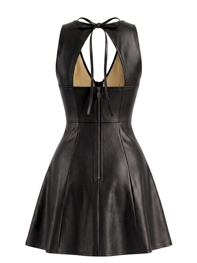 Schwarzes 60er Lederkleid mit V-Ausschnitt und Cut-out-Rücken