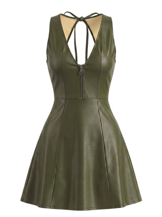 Schwarzes 60er Lederkleid mit V-Ausschnitt und Cut-out-Rücken