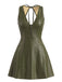 Schwarzes 60er Lederkleid mit V-Ausschnitt und Cut-out-Rücken