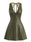 Grünes 60er Kunstlederkleid mit V-Ausschnitt und Cut-out-Rücken