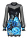 60er Minikleid mit Rosen-Print und transparenten Ballonärmeln