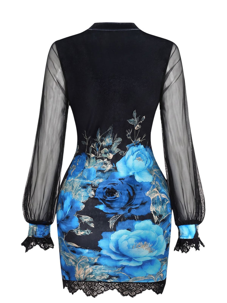 60er Minikleid mit Rosen-Print und transparenten Ballonärmeln