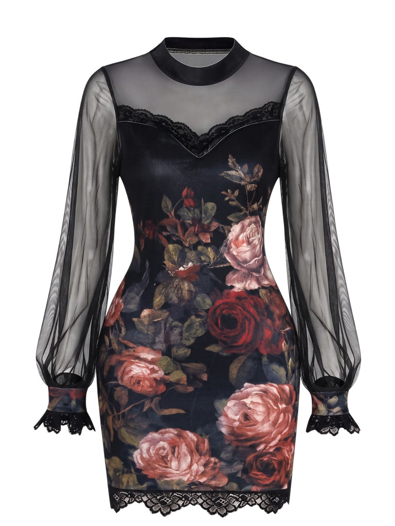 60er Minikleid mit Rosen-Print und transparenten Ballonärmeln