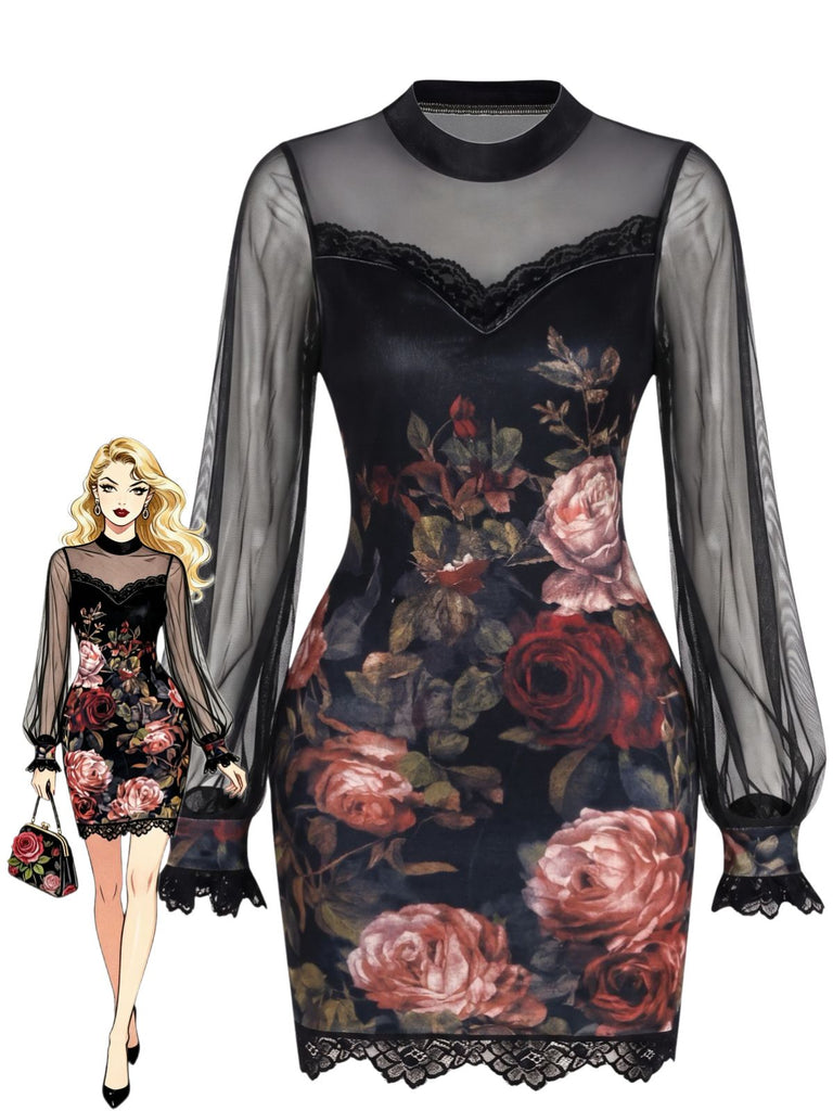 60er Minikleid mit Rosen-Print und transparenten Ballonärmeln