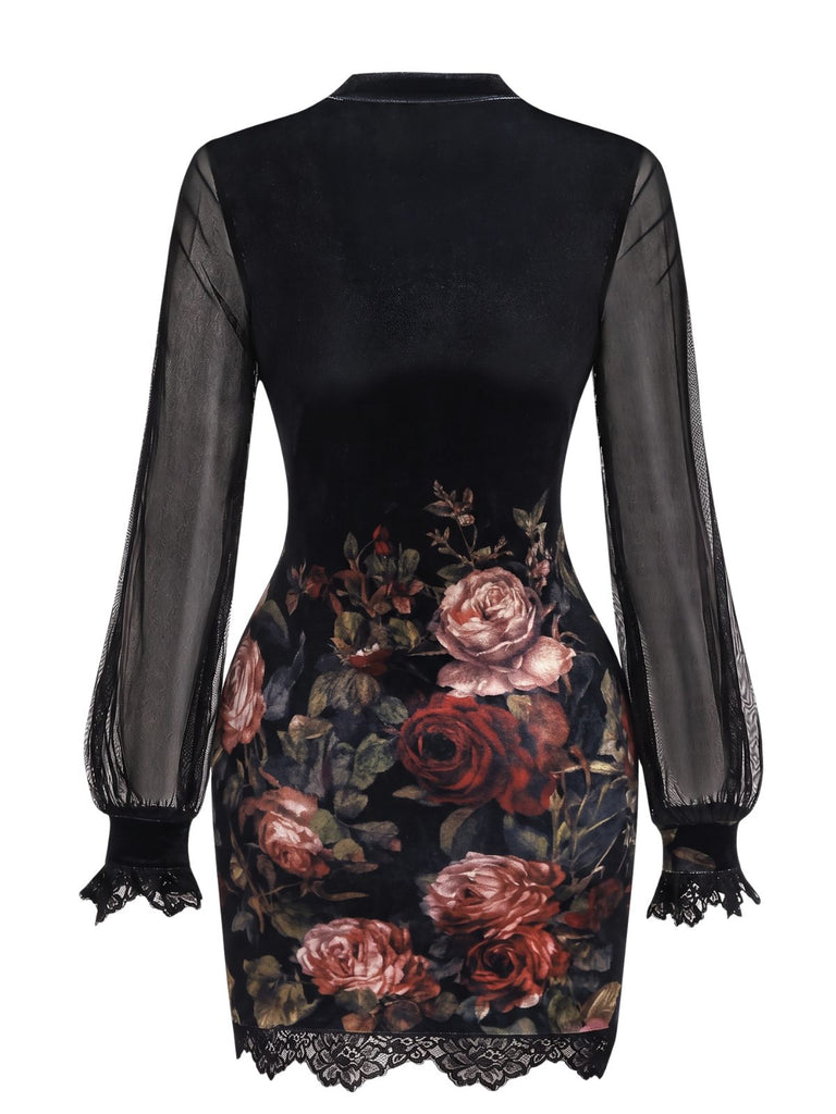 60er Minikleid mit Rosen-Print und transparenten Ballonärmeln